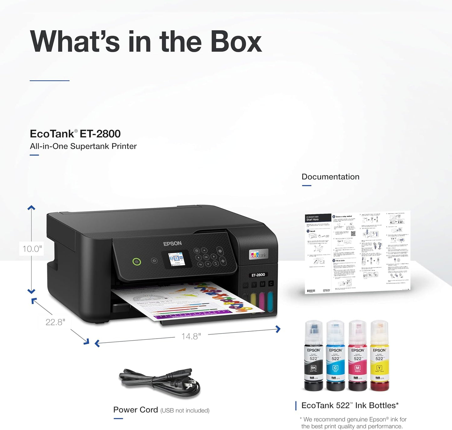 Ecotank ET-2800 Wireless Color All-In-One Cartridge-Free Supertank with Scan and Copy, the Ideal Basic Home Printer - Black