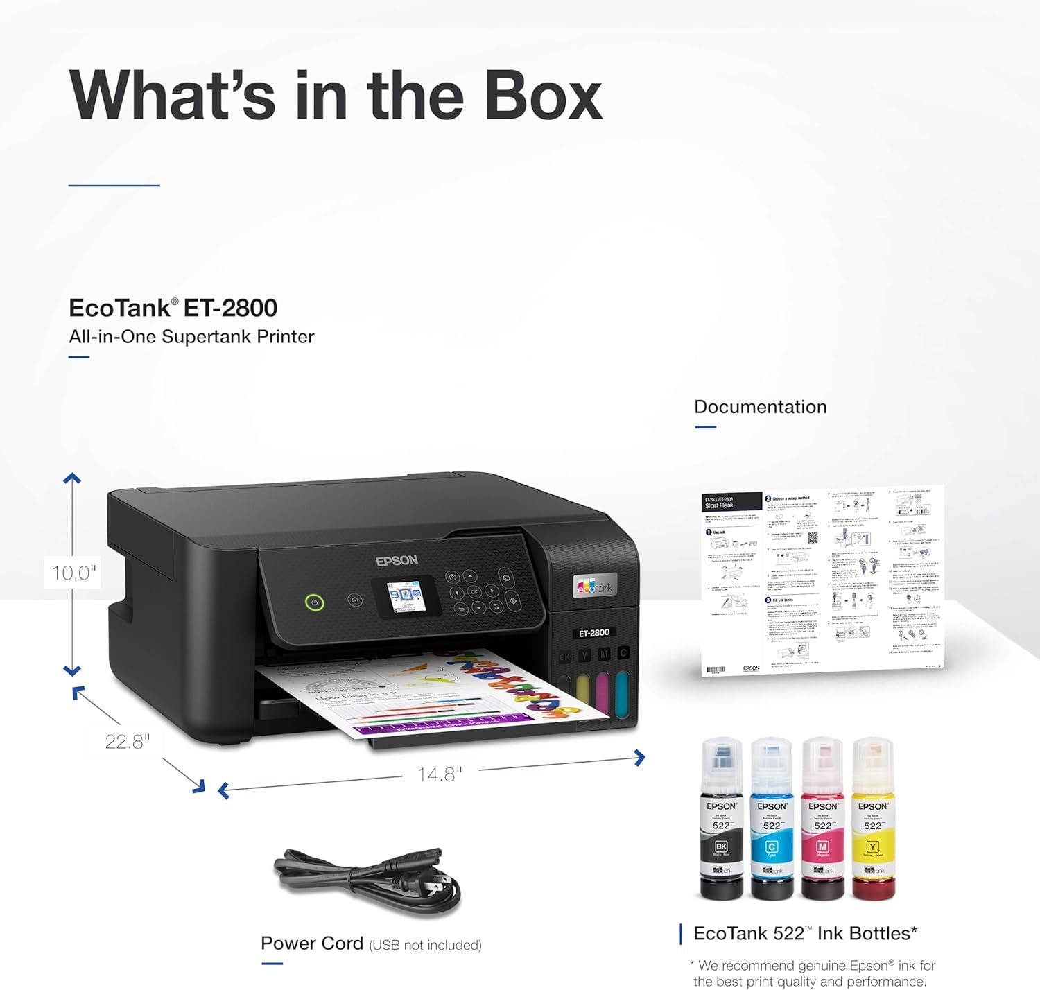Ecotank ET-2800 Wireless Color All-In-One Cartridge-Free Supertank with Scan and Copy, the Ideal Basic Home Printer - Black
