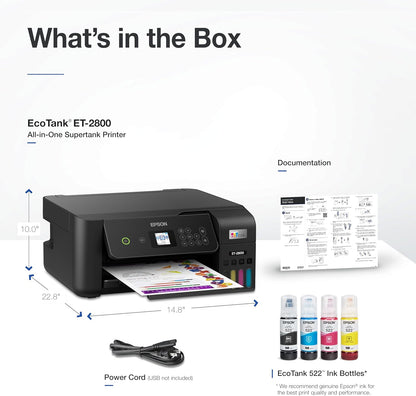 Ecotank ET-2800 Wireless Color All-In-One Cartridge-Free Supertank with Scan and Copy, the Ideal Basic Home Printer - Black