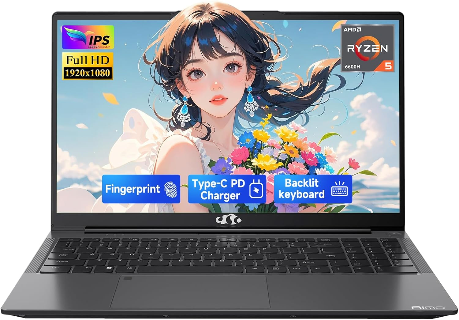 15.6" IPS Fhd-Gaming-Laptop, AMD Ryzen 5 6600H 32GB DDR5 RAM 1TB SSD (Beat I7-1165G7, 6 Cores up to 4.5Ghz) AMD Radeon 660M GPU 100W USB-C PD Fast Charger Backlit Keyboard Fingerprint