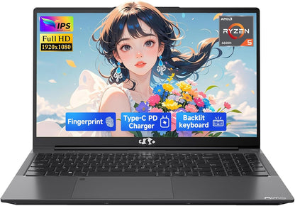 15.6" IPS Fhd-Gaming-Laptop, AMD Ryzen 5 6600H 32GB DDR5 RAM 1TB SSD (Beat I7-1165G7, 6 Cores up to 4.5Ghz) AMD Radeon 660M GPU 100W USB-C PD Fast Charger Backlit Keyboard Fingerprint