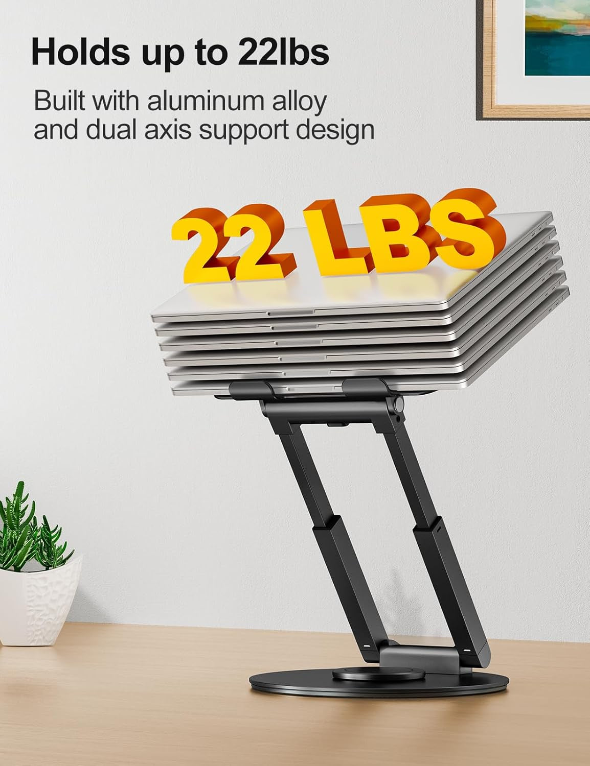Telescopic Laptop Stand for Desk with 360° Swivel Base, Sit to Stand, Height Adjustable, Portable Riser Holder for Good Posture, Compatible with Macbook Pro, All Laptops 10-17" - Black