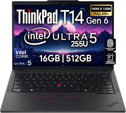 Thinkpad T14 Gen 6 Business Laptop 14" FHD+ IPS, Intel Ultra 7 255U, 64GB DDR5 RAM, 2TB SSD, 5MP Webcam, Fingerprint, Backlit, Wi-Fi 6E, 2 Thunderbolt 4, AI PC, W11P