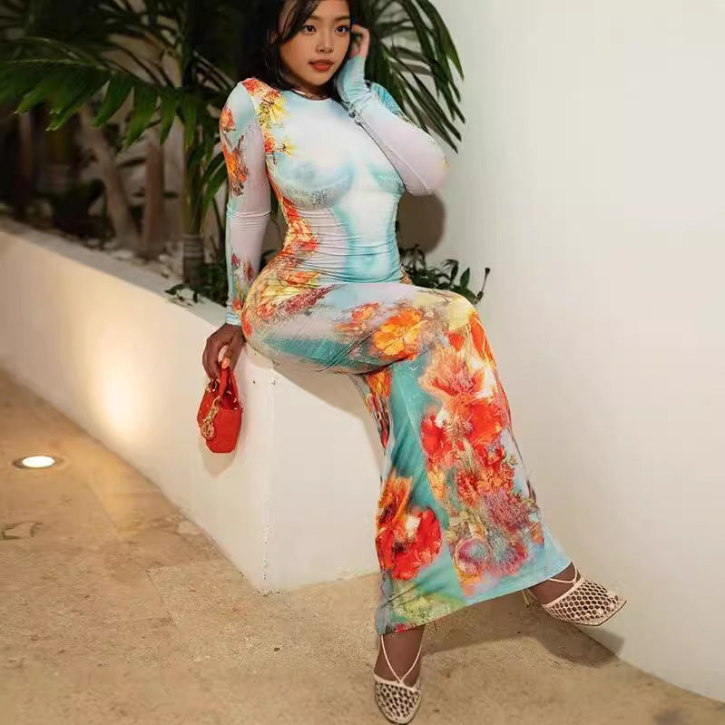 Fashion Women's Printed Wear Long Sleeve Narrow Dress