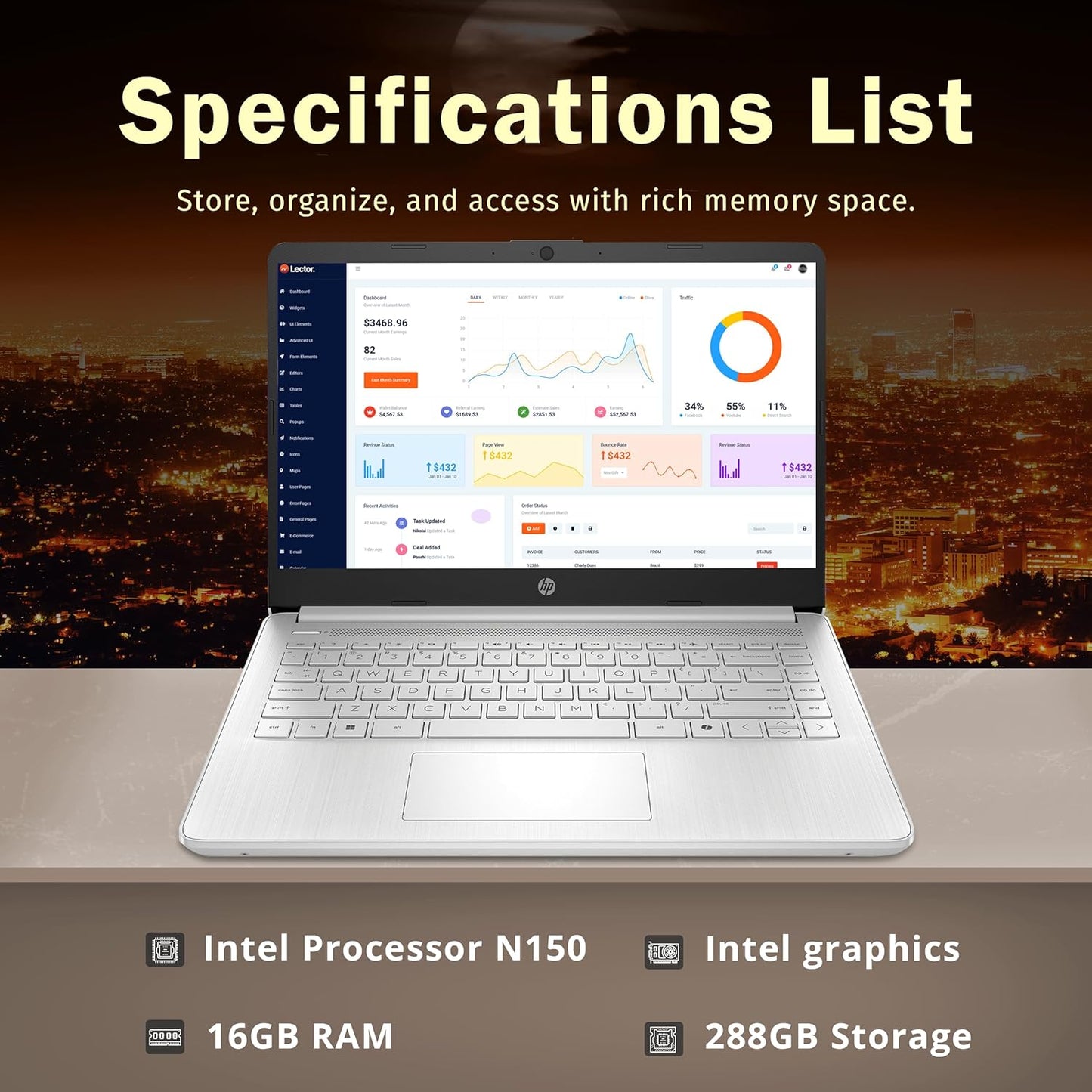 Stream 14" HD Brightview Laptop, Intel Celeron N150, 16GB RAM, 288GB Storage (128GB Emmc + 160GB Docking Station Set), Intel UHD Graphics, 720P Webcam, Wi-Fi, 1 Year Office 365, Win 11 S, Silver