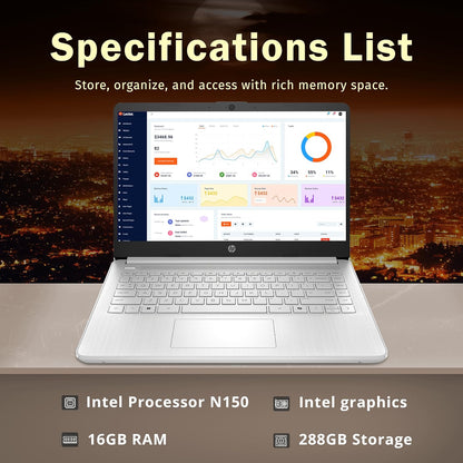 Stream 14" HD Brightview Laptop, Intel Celeron N150, 16GB RAM, 288GB Storage (128GB Emmc + 160GB Docking Station Set), Intel UHD Graphics, 720P Webcam, Wi-Fi, 1 Year Office 365, Win 11 S, Silver