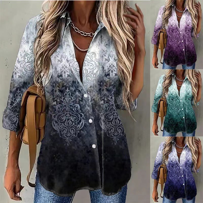 Tie-dyed Printed Button Long-sleeved Shirt