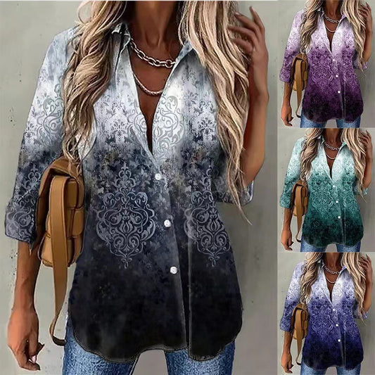 Tie-dyed Printed Button Long-sleeved Shirt