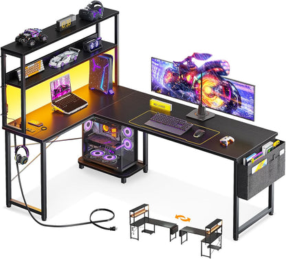 53 Inch L Shaped Gaming Desk with LED Lighting, Reversible Desk with Power Outlets, Cornor Computer Table with Storage Shelves & Bag & Iron Hook, Home Office Table for Writing, Study, Black