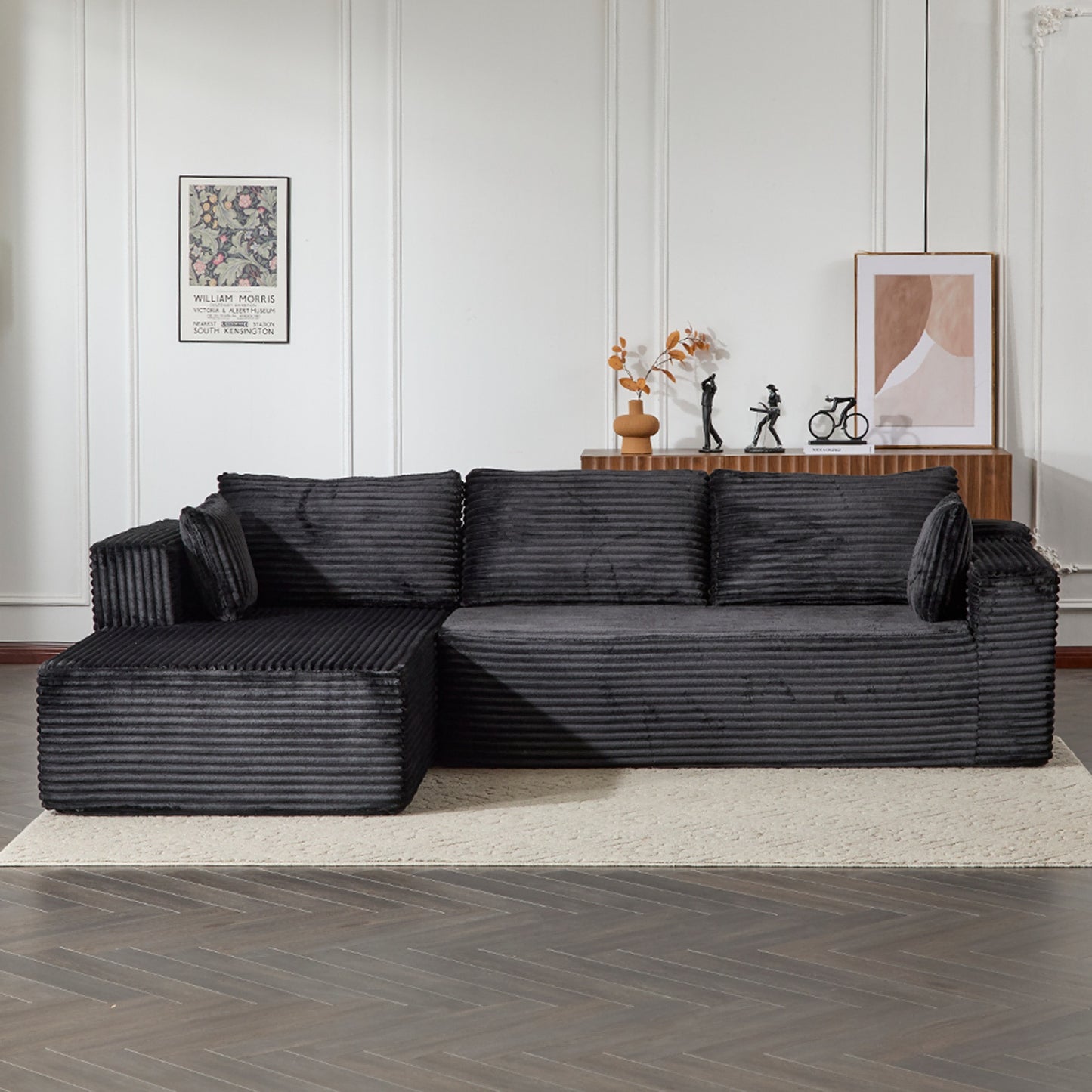 Compression Sectional Couch With Comfy Chaise, Boneless L Shape Sofa With Deep Seat, Minimalist Modular Couches Sleeper For Living Room Bedroom Apartment Lounge,corduroy,Black