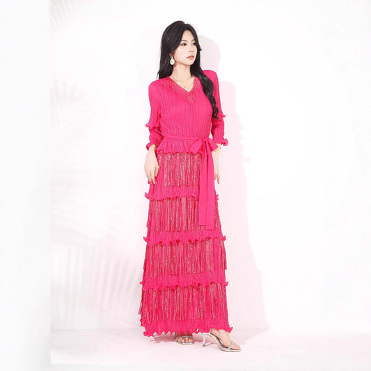 Slim-fit Slimming V-neckline Bronzing Tassel Dress