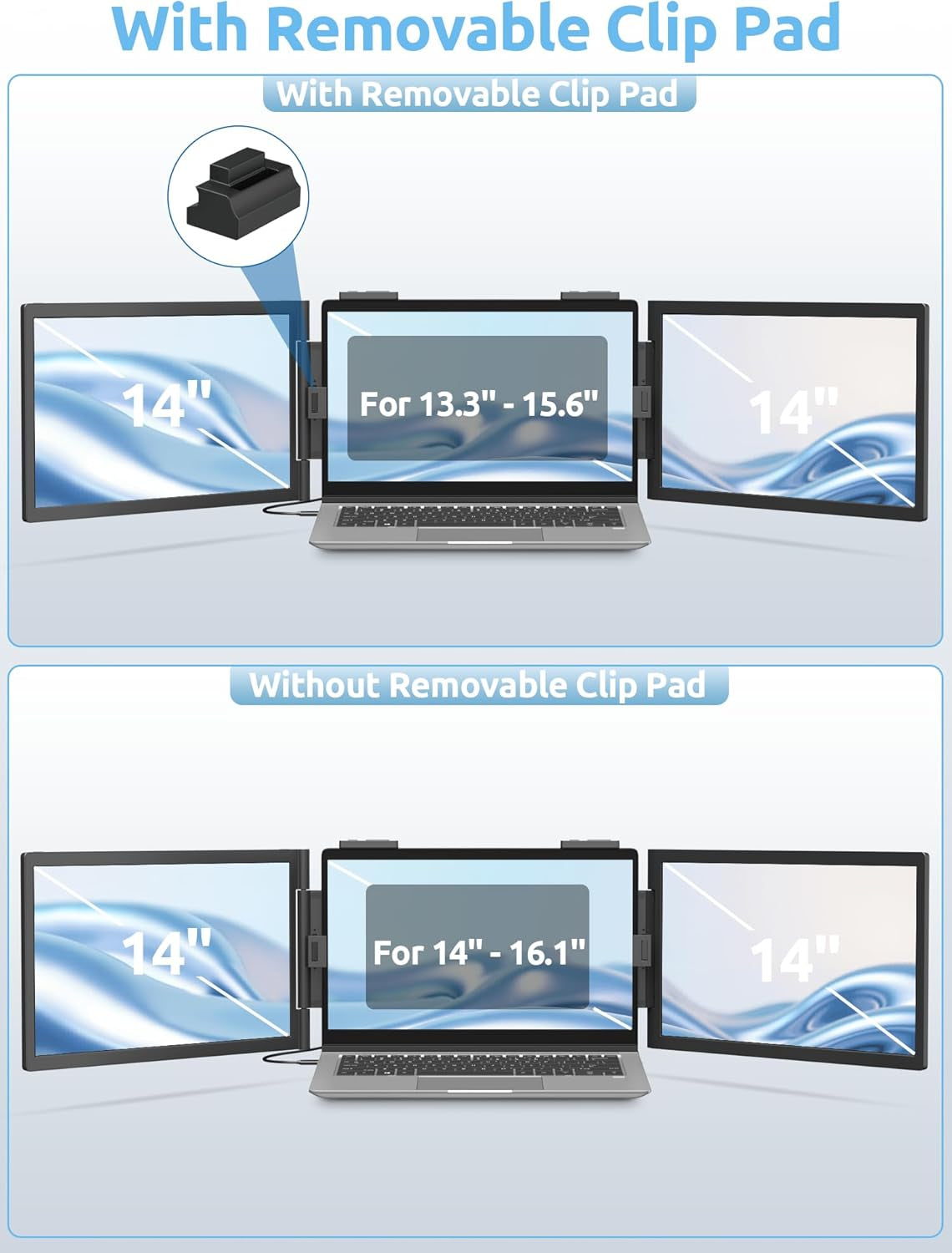 Dual Laptop Screen Extender, 14" 1080P IPS Portable Triple Monitor for 13.3-16.1" Laptops with USB-C Port, Plug and Play, Attachment Screen for Windows/Mac/Android/Switch/Ps5/Xbox