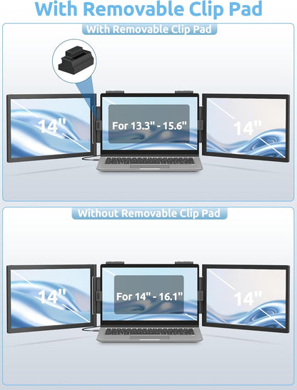 Dual Laptop Screen Extender, 14" 1080P IPS Portable Triple Monitor for 13.3-16.1" Laptops with USB-C Port, Plug and Play, Attachment Screen for Windows/Mac/Android/Switch/Ps5/Xbox
