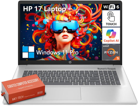HP 17 Inch Touchscreen Laptop Computer, 17.3" HD+ Touch Screen Business Laptop PC, AMD Ryzen 5 (6-Cores), 32GB RAM 1TB SSD, Windows 11 Pro, 10-Key Number Pad | Copilot Key, Type-C, Wi-Fi 6, Silver