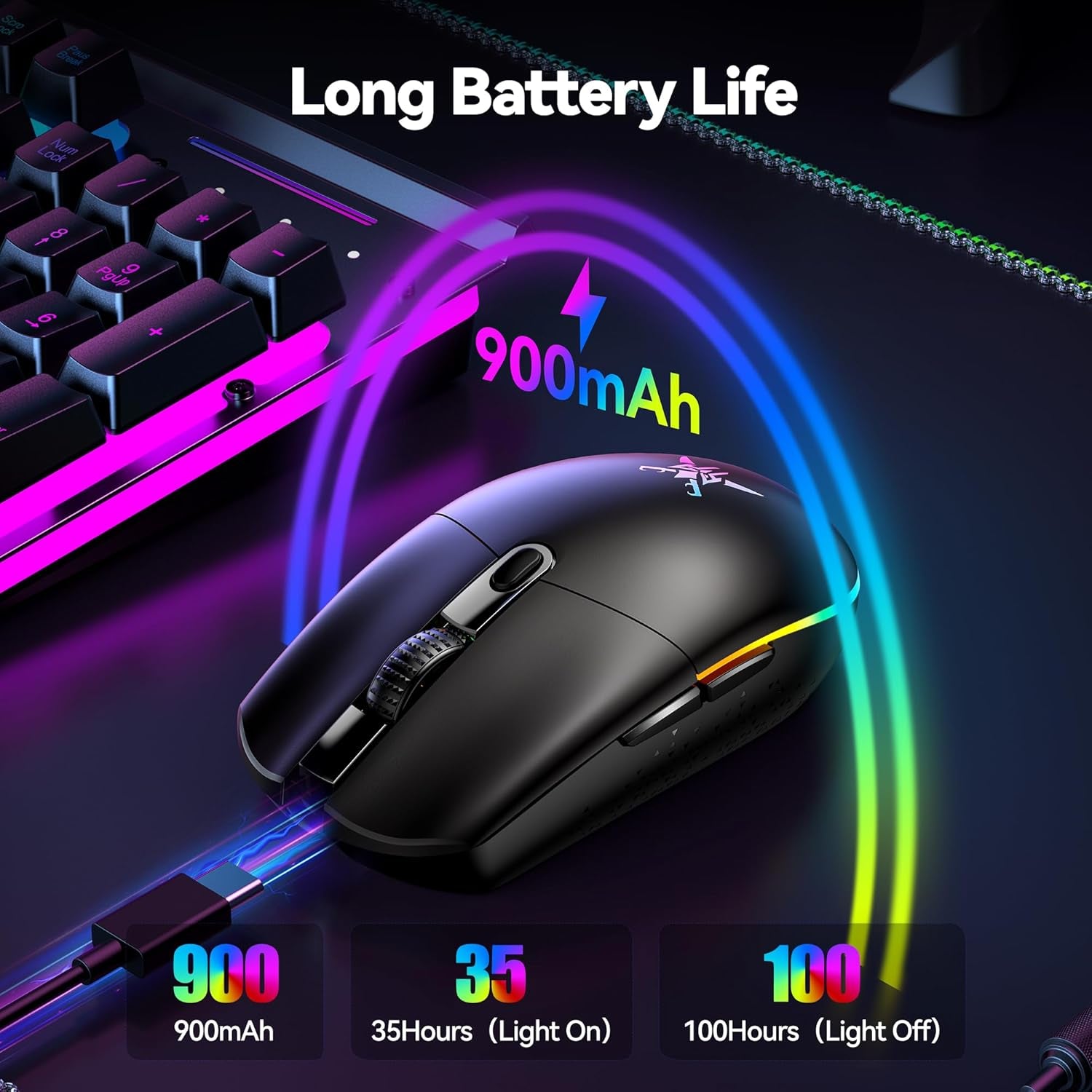 Wireless Gaming Mouse Rechargeable - 8000 DPI, Long-Lasting 100Hrs Battery, RGB Backlit, 6 Programmable Buttons, Dual Connectivity (2.4G + USB-C) for PC, Mac, Laptop - Black