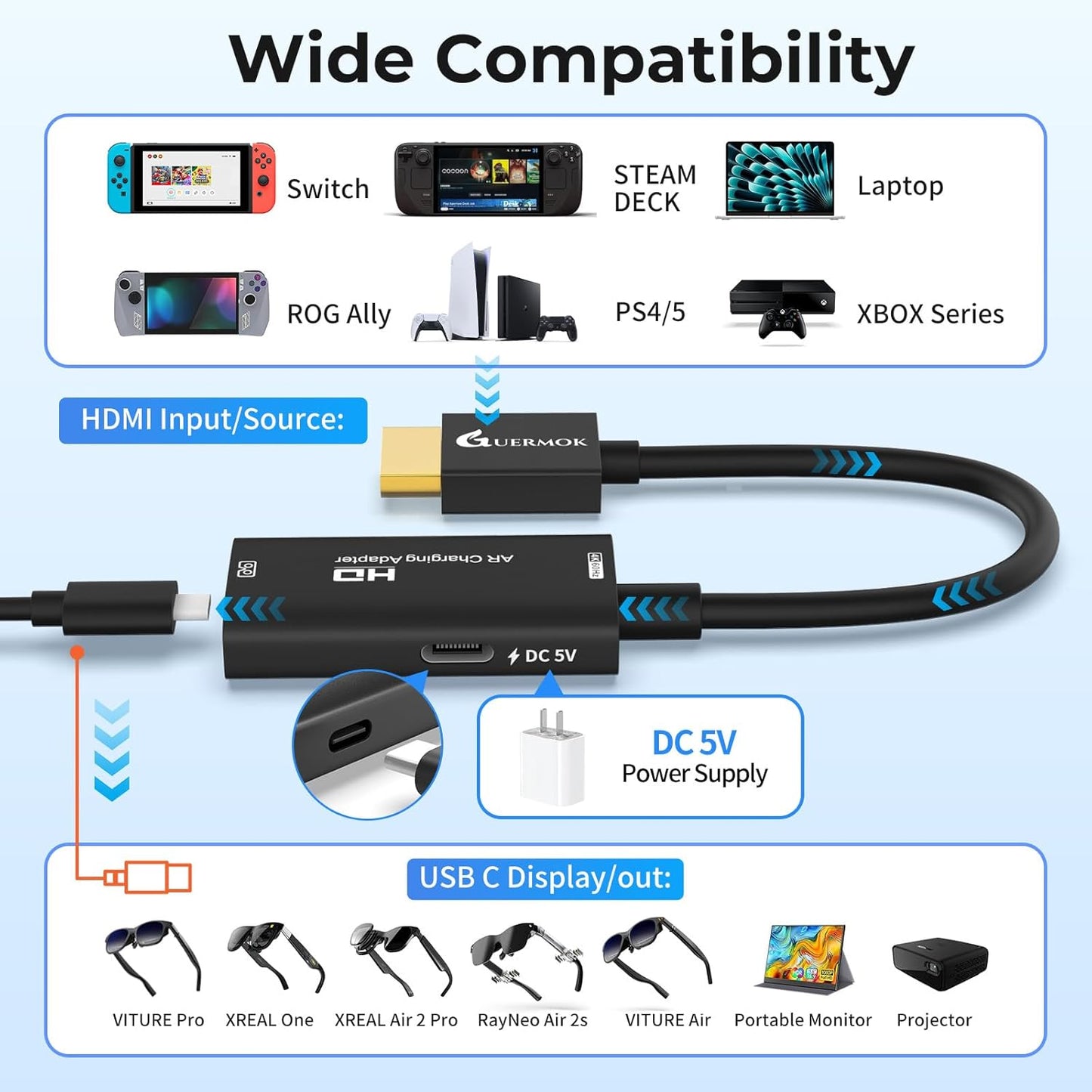 AR Glasses HDMI to USB-C Display Adapter, 4K@60Hz Play and Charge XR Converter with DC 5V, for XREAL One/Air 2 Pro/Rayneo/Rokid, Steam, Switch 2/1, PS5/4, Portable Monitors (Black)