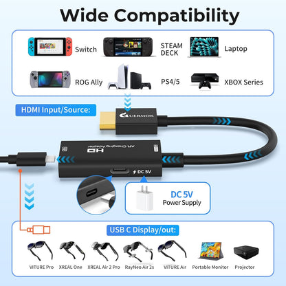 AR Glasses HDMI to USB-C Display Adapter, 4K@60Hz Play and Charge XR Converter with DC 5V, for XREAL One/Air 2 Pro/Rayneo/Rokid, Steam, Switch 2/1, PS5/4, Portable Monitors (Black)