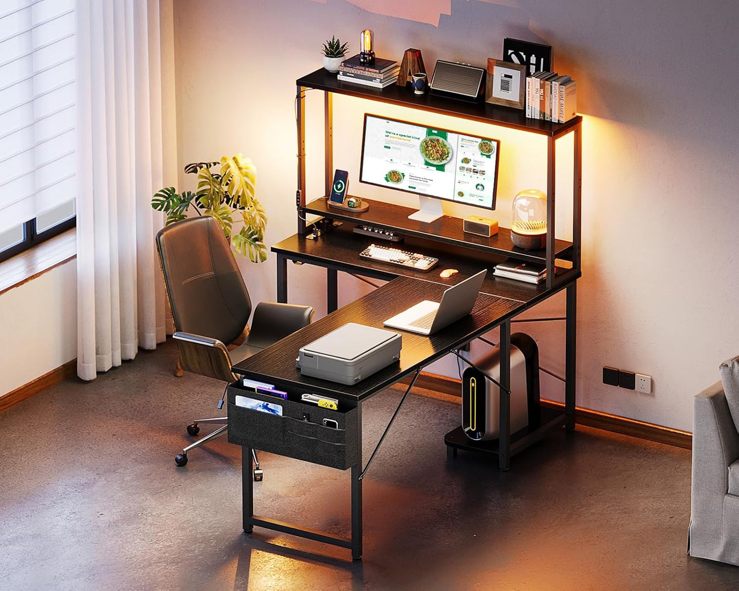 53 Inch L Shaped Gaming Desk with LED Lighting, Reversible Desk with Power Outlets, Cornor Computer Table with Storage Shelves & Bag & Iron Hook, Home Office Table for Writing, Study, Black