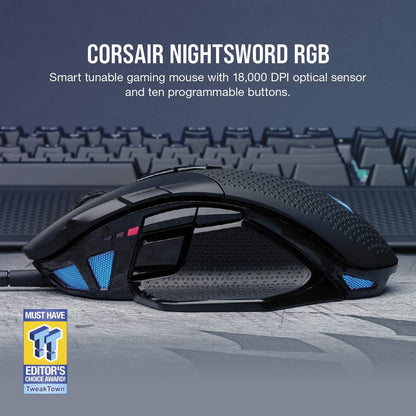 NIGHTSWORD RGB Gaming Mouse for FPS, MOBA - 18,000 DPI - 10 Programmable Buttons - Weight System - Icue Compatible - Black