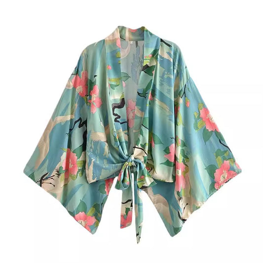 Printed V-neck Batwing Sleeve Blouse