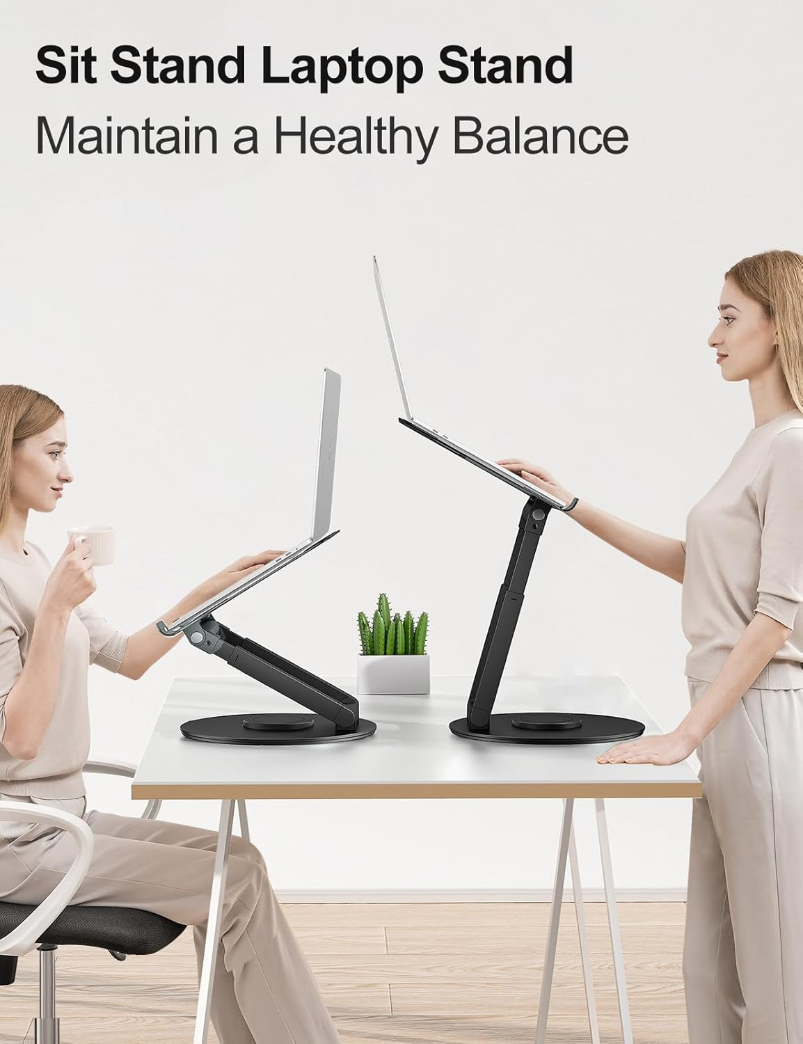 Telescopic Laptop Stand for Desk with 360° Swivel Base, Sit to Stand, Height Adjustable, Portable Riser Holder for Good Posture, Compatible with Macbook Pro, All Laptops 10-17" - Black