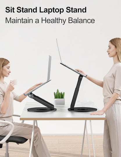 Telescopic Laptop Stand for Desk with 360° Swivel Base, Sit to Stand, Height Adjustable, Portable Riser Holder for Good Posture, Compatible with Macbook Pro, All Laptops 10-17" - Black