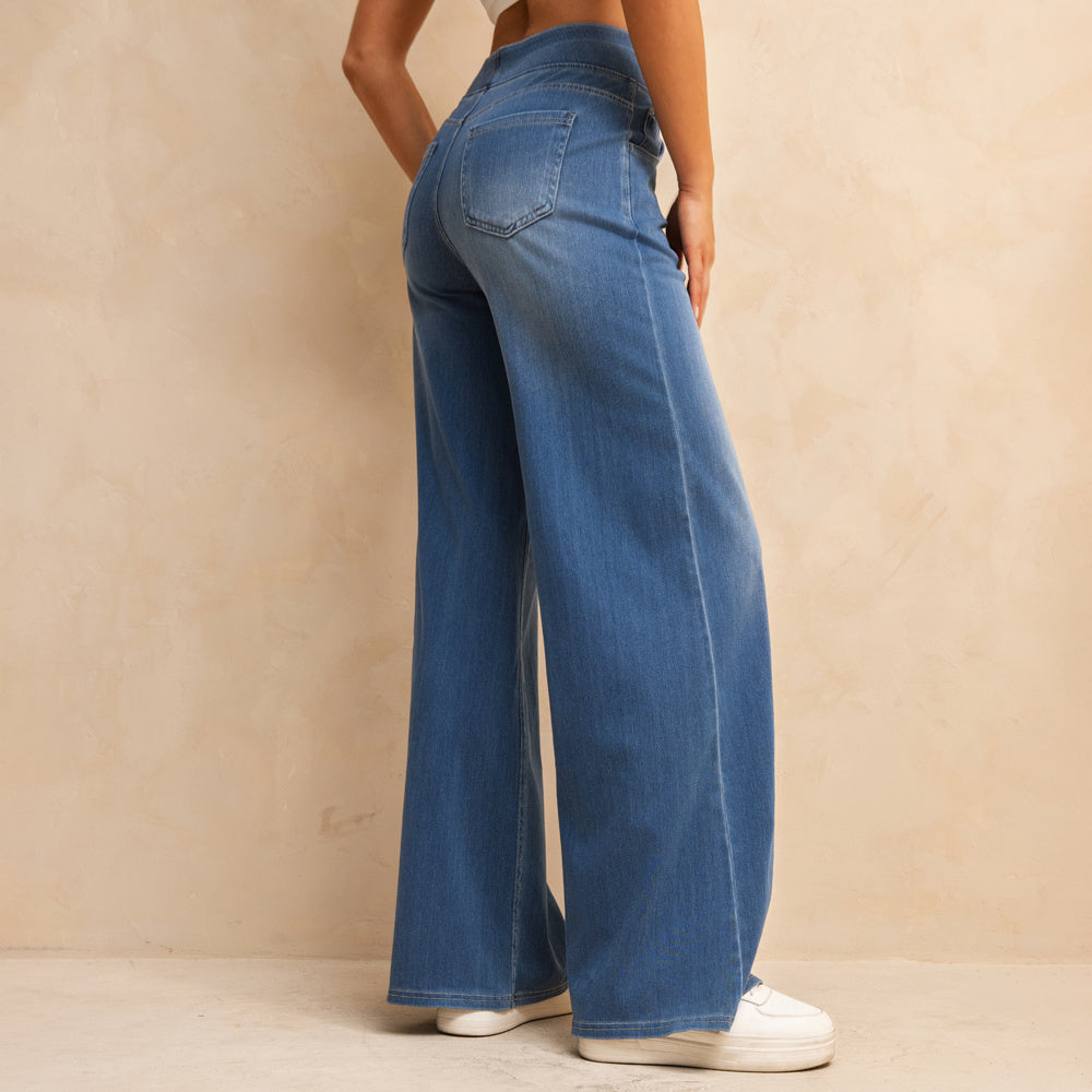 Shascullfites Melody High-Waisted Tummy Control Jeans Women's Retro Blue Flare Jeans With Pockets Casual Wide Leg Jeans