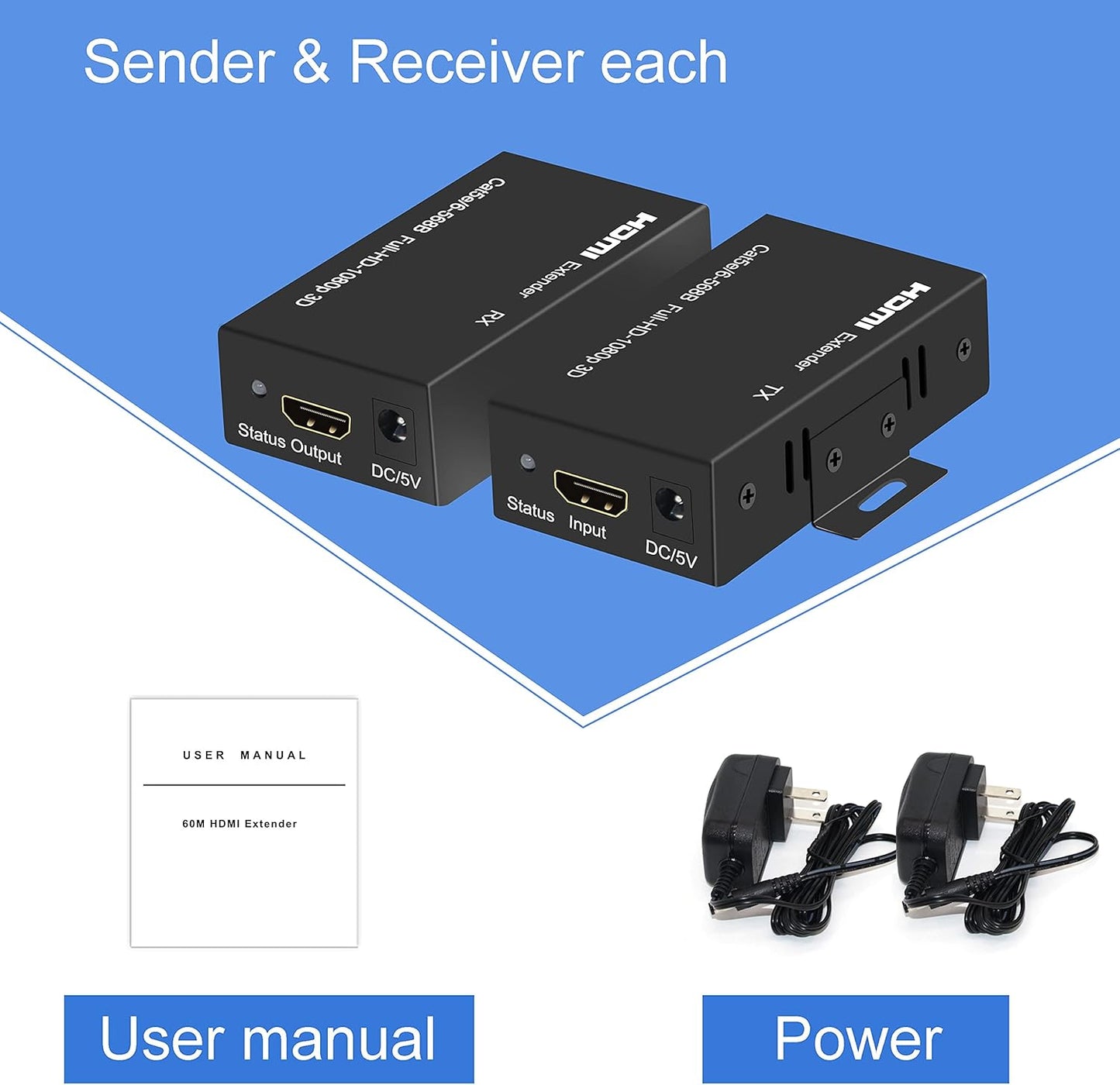 HDMI Extender 196Ft HDMI over Single Cat5E/6/7 HDMI Repeater HDMI Balun Sender Transmitter Receiver Support 1080P 3D HDMI 1.4A HDCP EDID