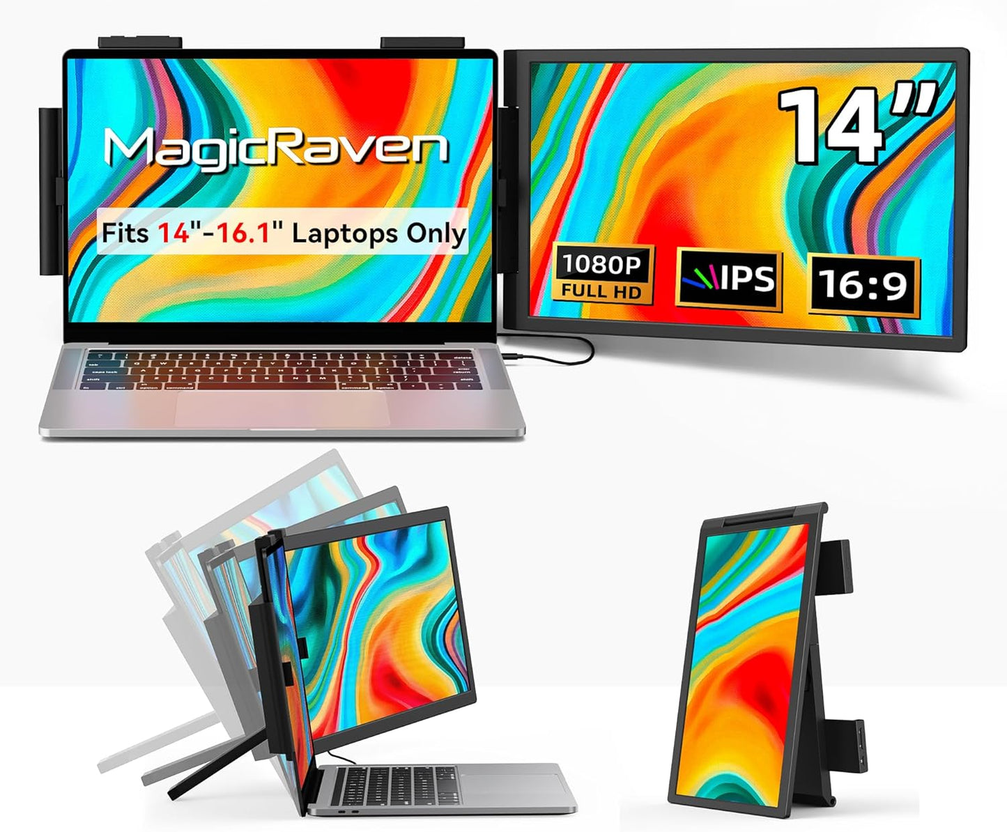 Dual Laptop Screen Extender, 14" 1080P IPS Portable Triple Monitor for 13.3-16.1" Laptops with USB-C Port, Plug and Play, Attachment Screen for Windows/Mac/Android/Switch/Ps5/Xbox