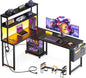 53 Inch L Shaped Gaming Desk with LED Lighting, Reversible Desk with Power Outlets, Cornor Computer Table with Storage Shelves & Bag & Iron Hook, Home Office Table for Writing, Study, Black
