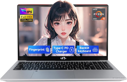 15.6" IPS Fhd-Gaming-Laptop, AMD Ryzen 5 6600H 32GB DDR5 RAM 1TB SSD (Beat I7-1165G7, 6 Cores up to 4.5Ghz) AMD Radeon 660M GPU 100W USB-C PD Fast Charger Backlit Keyboard Fingerprint