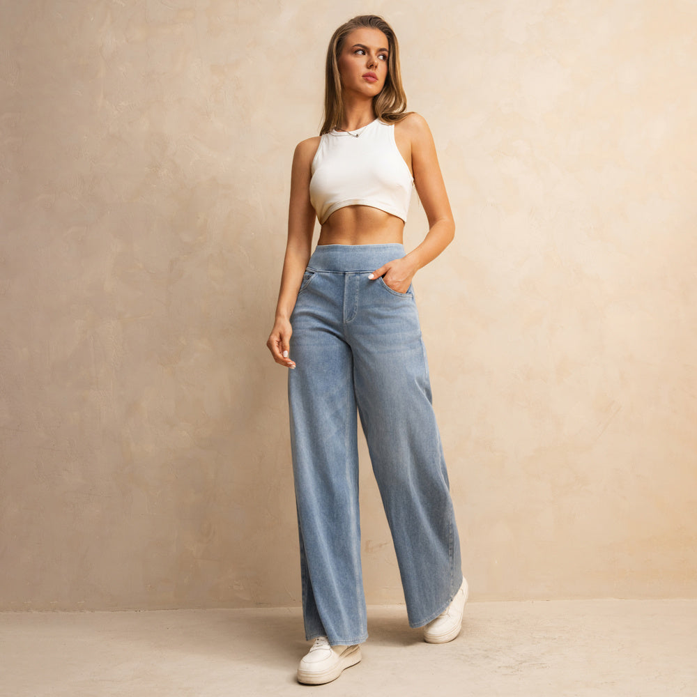 Shascullfites Melody Women's High-Waisted Wide-Leg Jeans Light Blue Casual Knitted Pants With Pockets Baggy Fit