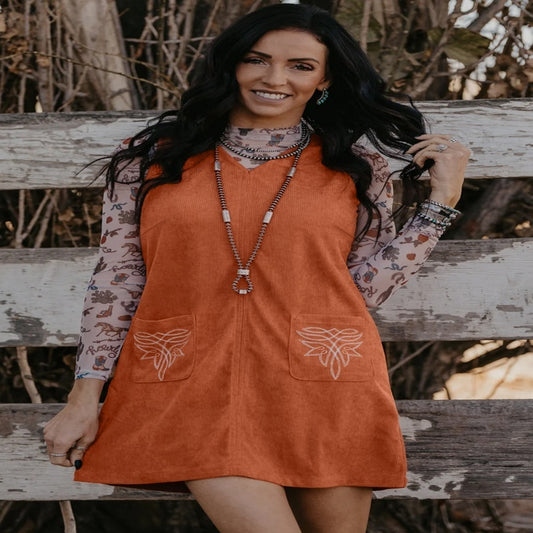 Gold Flame Corduroy Western Embroidered Patched Pocket Sleeveless Mini Dress