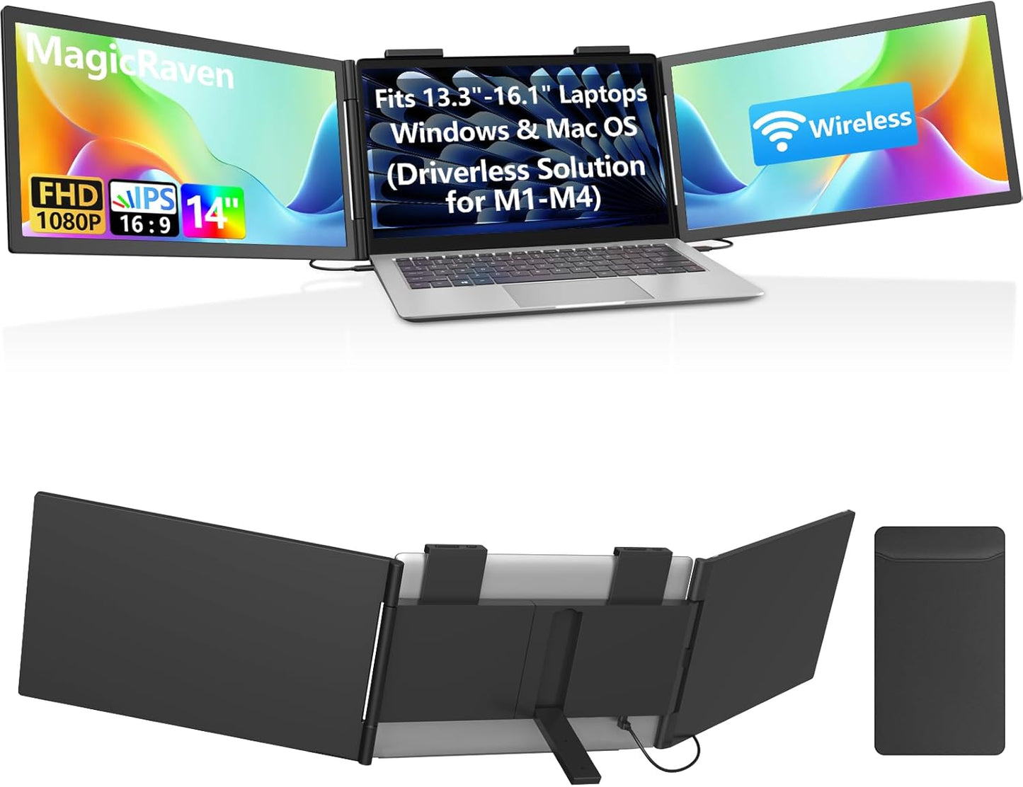Dual Laptop Screen Extender, 14" 1080P IPS Portable Triple Monitor for 13.3-16.1" Laptops with USB-C Port, Plug and Play, Attachment Screen for Windows/Mac/Android/Switch/Ps5/Xbox