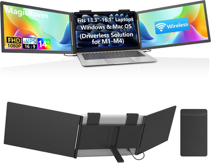 Dual Laptop Screen Extender, 14" 1080P IPS Portable Triple Monitor for 13.3-16.1" Laptops with USB-C Port, Plug and Play, Attachment Screen for Windows/Mac/Android/Switch/Ps5/Xbox