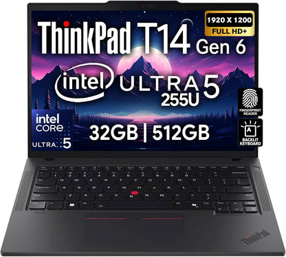 Thinkpad T14 Gen 6 Business Laptop 14" FHD+ IPS, Intel Ultra 7 255U, 64GB DDR5 RAM, 2TB SSD, 5MP Webcam, Fingerprint, Backlit, Wi-Fi 6E, 2 Thunderbolt 4, AI PC, W11P