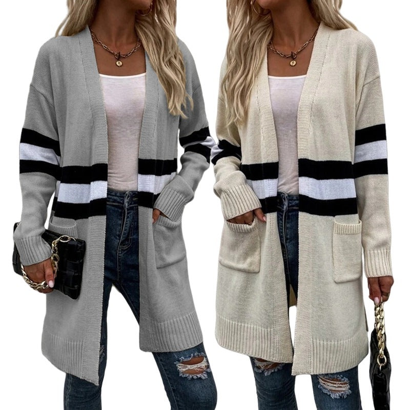Striped Contrast Color Loose Casual Sweater Coat