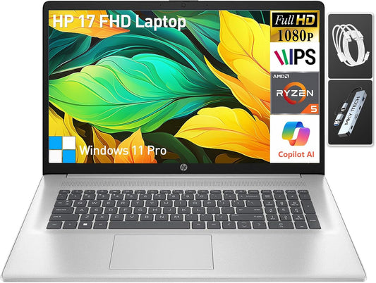 HP 17 Inch Laptop Computer, 17.3" IPS FHD Business Laptop PC, AMD Ryzen 5 (6-Cores) Processor, 32GB RAM 1TB SSD, Windows 11 Pro with Copilot AI, 10-Key Number Pad, Type-C, Longbatterylife, Silver