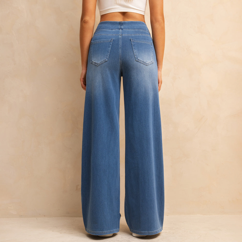 Shascullfites Melody High-Waisted Tummy Control Jeans Women's Retro Blue Flare Jeans With Pockets Casual Wide Leg Jeans