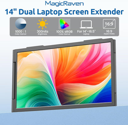 Dual Laptop Screen Extender, 14" 1080P IPS Portable Triple Monitor for 13.3-16.1" Laptops with USB-C Port, Plug and Play, Attachment Screen for Windows/Mac/Android/Switch/Ps5/Xbox