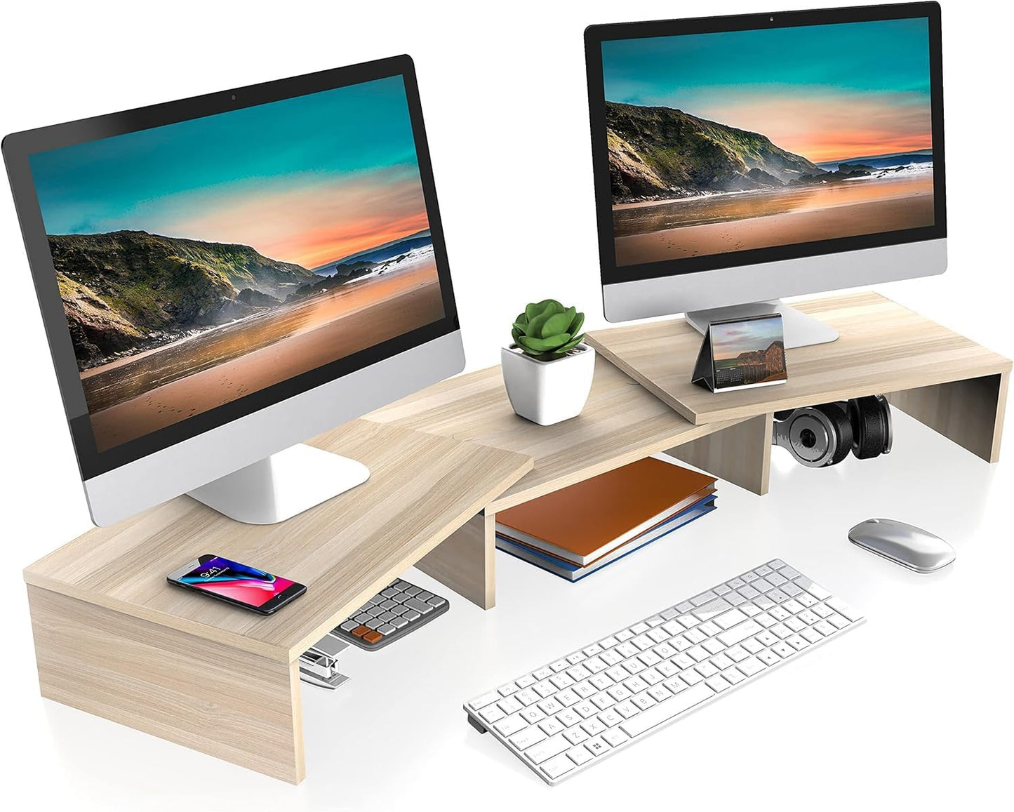 Dual Monitor Stand – 3 Shelf Computer Monitor Riser, Wood Desktop Stand with Adjustable Length and Angle, Desk Accessories, Office Supplies Medium Black,Dt108001Wb