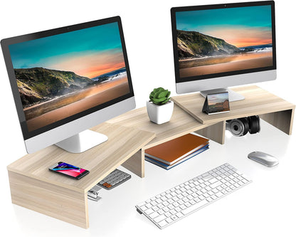 Dual Monitor Stand – 3 Shelf Computer Monitor Riser, Wood Desktop Stand with Adjustable Length and Angle, Desk Accessories, Office Supplies Medium Black,Dt108001Wb