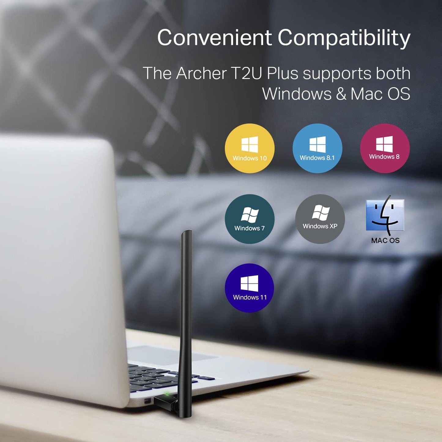 AC600 USB Wifi Adapter for PC (Archer T2U Plus)- Wireless Network Adapter for Desktop with 2.4Ghz, 5Ghz High Gain Dual Band 5Dbi Antenna, Supports Win11/10/8.1/8/7/Xp, Mac OS 10.9-10.14, Black