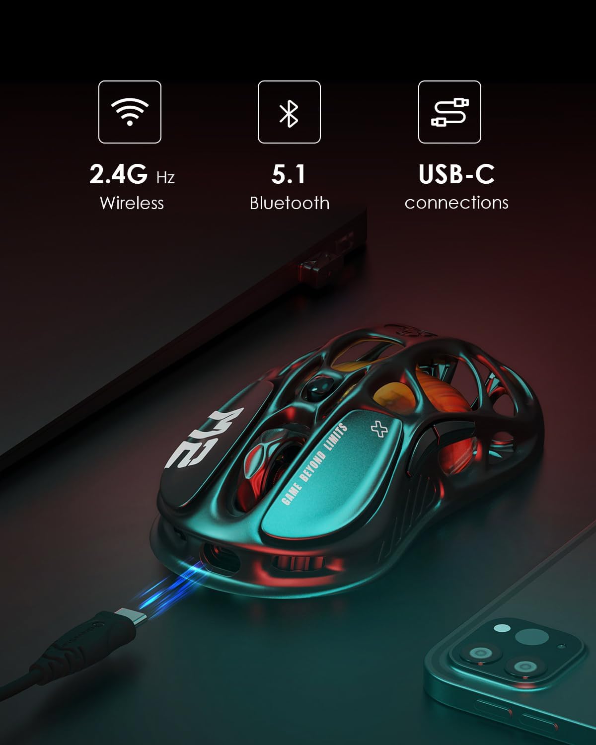 Mercury M2 Wireless Gaming Mouse with 26,000 DPI, PAW3395DM Sensor -79G Lightweight Hollowed-Out Design -5 Programmable Buttons -5 Dynamic Lightsync RGB