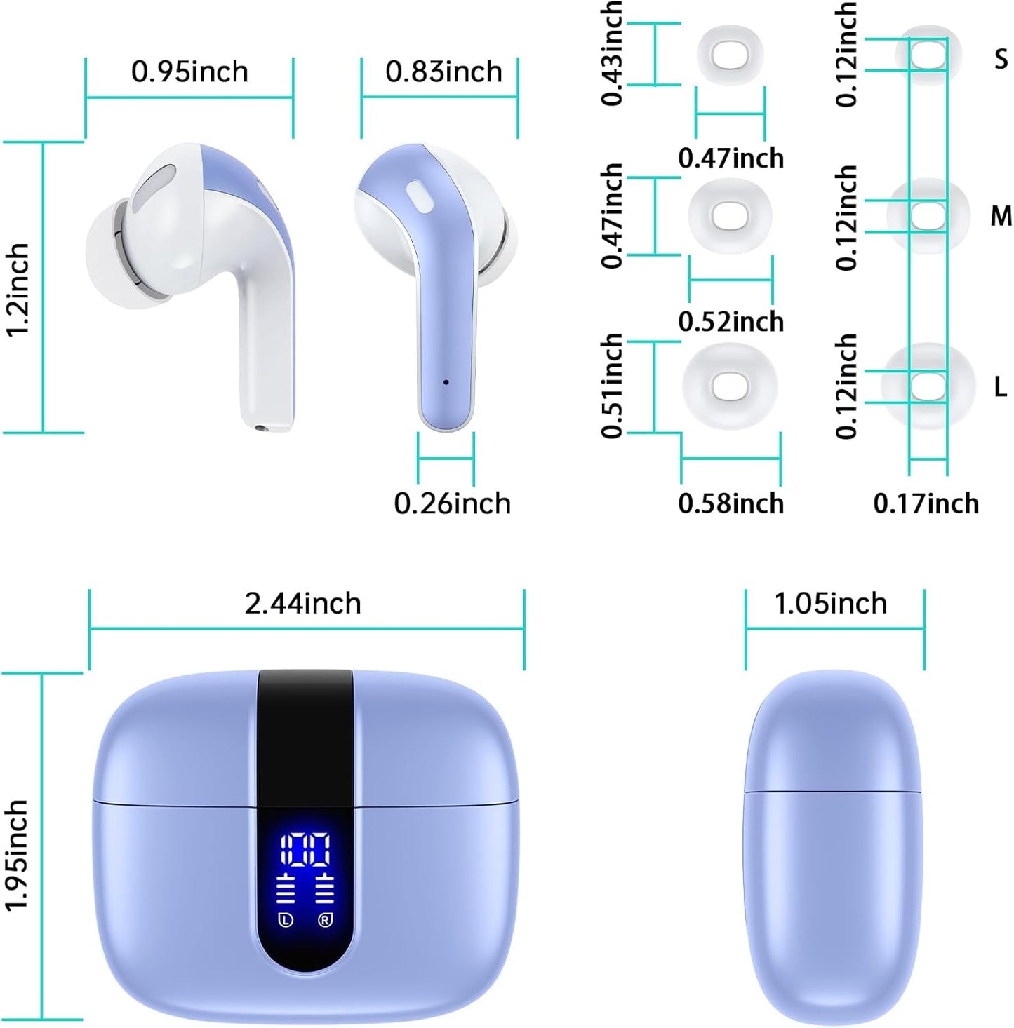 Bluetooth Headphones True Wireless Earbuds 60H Playback LED Power Display Earphones with Wireless Charging Case IPX5 Waterproof In-Ear Ear Buds with Mic for TV Smart Phone Laptop Computer Sports