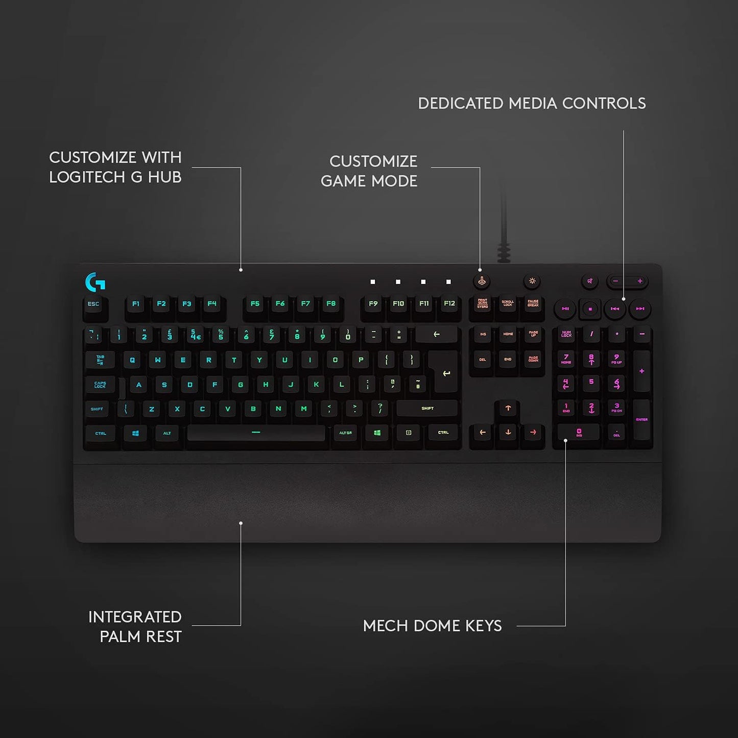 213 Prodigy Gaming Keyboard - Wired RGB Backlit Keyboard with Mech-Dome Keys, Palm Rest, Adjustable Feet, Media Controls, USB, Compatible with Windows – Black