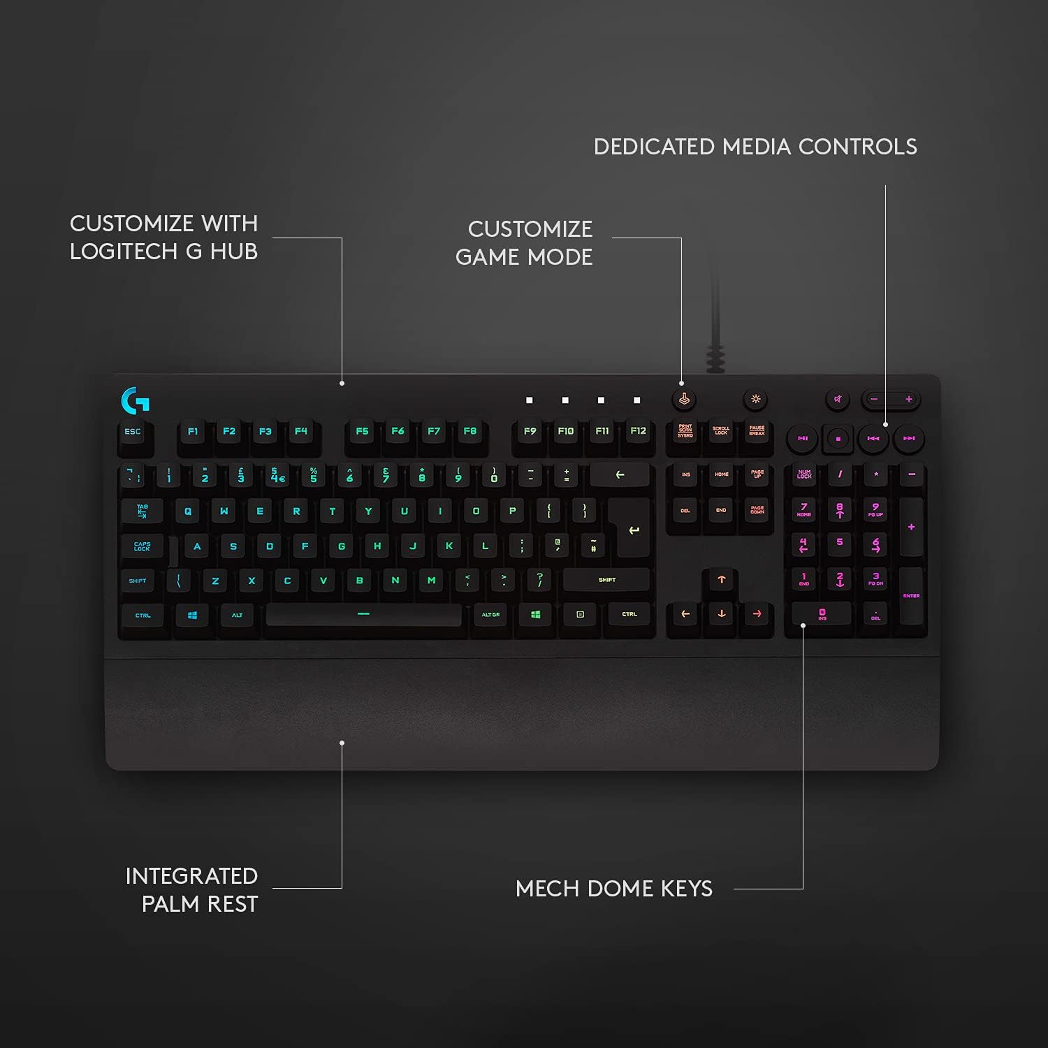213 Prodigy Gaming Keyboard - Wired RGB Backlit Keyboard with Mech-Dome Keys, Palm Rest, Adjustable Feet, Media Controls, USB, Compatible with Windows – Black