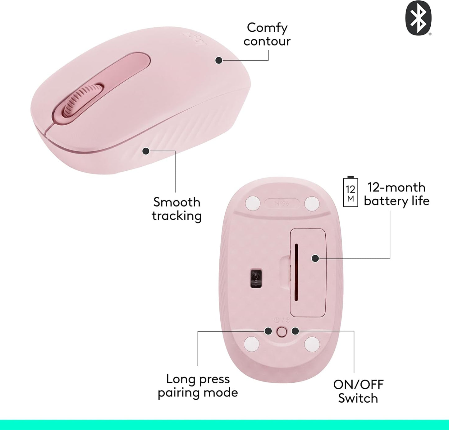 M196 Bluetooth Wireless Mouse, Compact and Portable Mouse for Laptops, Tablets and More, 12-Month Battery, Smooth Tracking, Compatible with PC and Mac, Windows and Macos - Rose