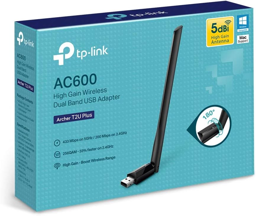AC600 USB Wifi Adapter for PC (Archer T2U Plus)- Wireless Network Adapter for Desktop with 2.4Ghz, 5Ghz High Gain Dual Band 5Dbi Antenna, Supports Win11/10/8.1/8/7/Xp, Mac OS 10.9-10.14, Black