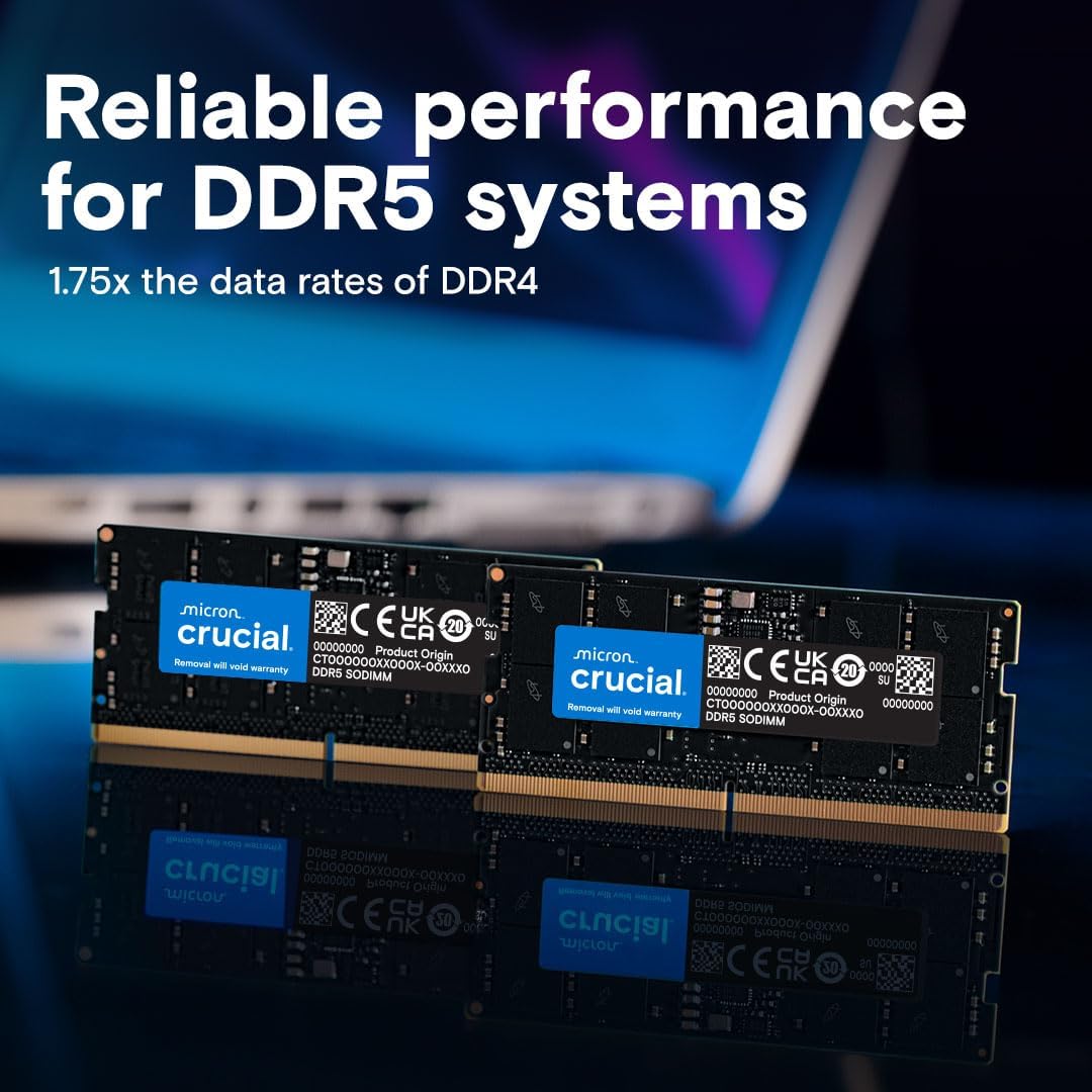 32GB DDR5 RAM Kit (2X16Gb), 5600Mhz (Or 5200Mhz or 4800Mhz) Laptop Memory 262-Pin SODIMM, Compatible with Intel Core and AMD Ryzen 7000, Black - CT2K16G56C46S5